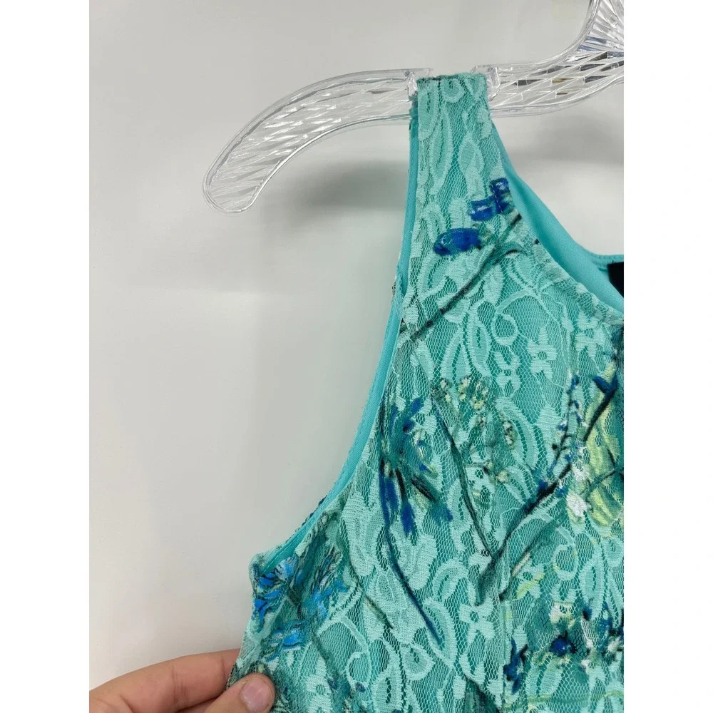 Perceptions New York Womens Teal Floral Lace Sleeveless A-Line Dress Small